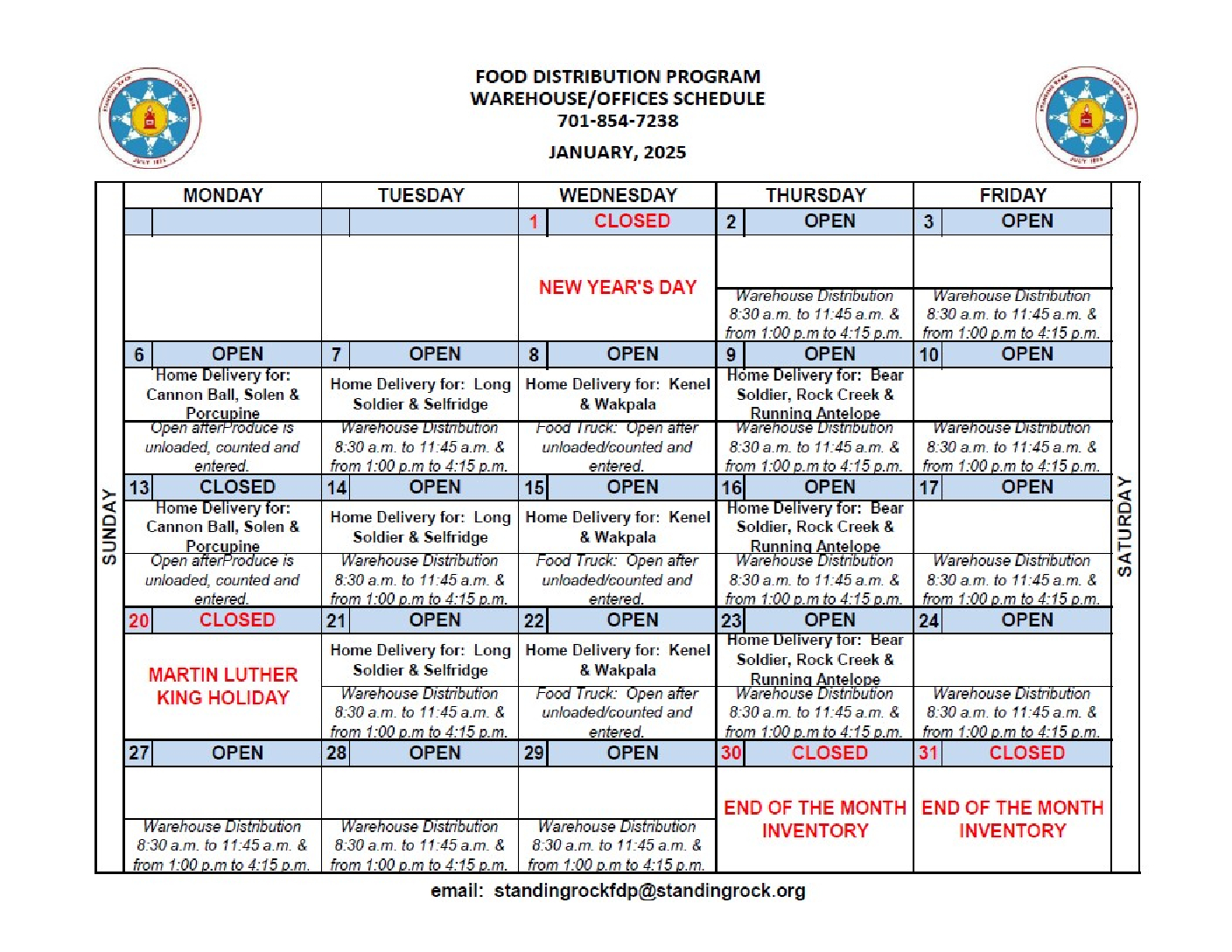 Food Distribution Program January Calendar Standing Rock